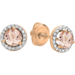 Round Morganite & White Diamond Womens Halo Stud Earrings, Available in 10K, 14K & 18K Solid Rose Gold