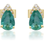 Gin & Grace 10K Yellow Gold Natural Zambian Emerald Earrings with Natural Diamonds for Women Holiday Gifts | Ethically, Authentically & Organically Sourced Pear-cut Emerald hand-crafted jewelry for her