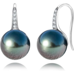 Tahitian Black Pearl Hook Earrings for Women, 9-11mm AAAA Quality Handpicked Nature Black Pearls, D Color Moissanites, 10K Solid White Gold Setting